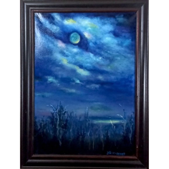 SOLD Framed Original Landscape Oil Painting Titled Man in the Moon 16x20 - Picture 4 of 7